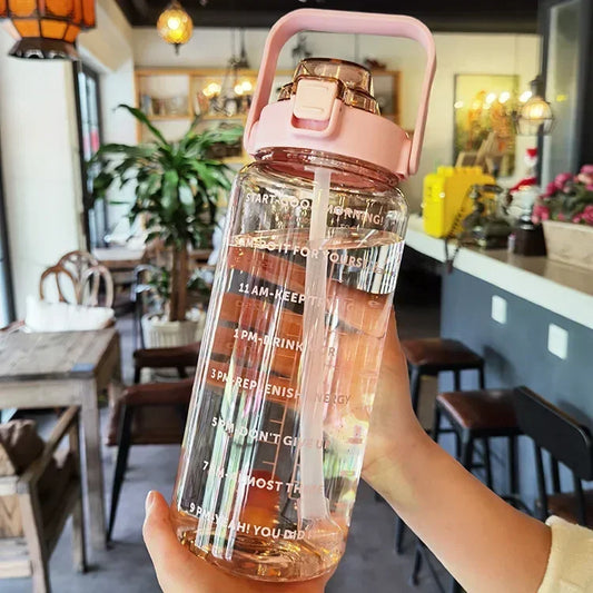 2L Portable Water Bottle with Straw and Time Markings for Fitness and Sports