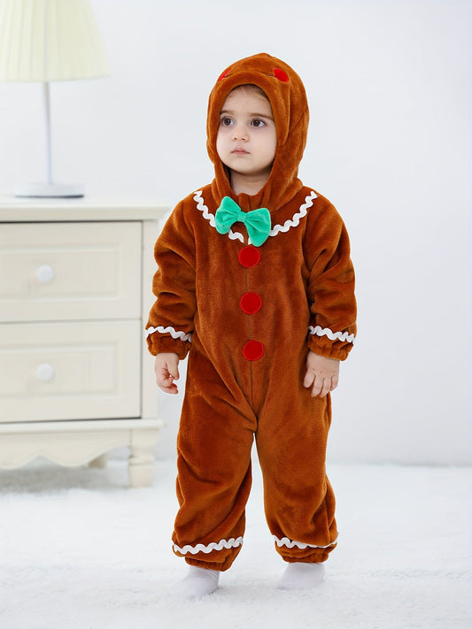 Baby Gingerbread Romper Fleece Hooded Christmas Outfit Warm Jumpsuit