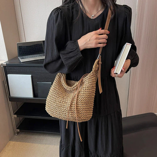 Bohemian Woven Straw Shoulder Bag with Zipper Closure