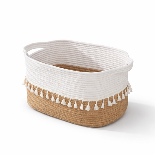 Boho Cotton Storage Basket Woven Tassel Organizer Bin