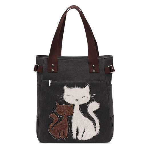 Cat Embroidered Canvas Tote Bag Large Capacity Shoulder Handbag