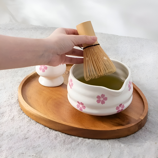 Floral Matcha Tea Set Ceramic Bowl Bamboo Whisk Ceremony Kit