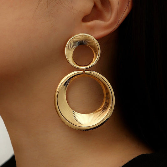 Gold Circle Statement Earrings 3D Double Ring Fashion Jewelry