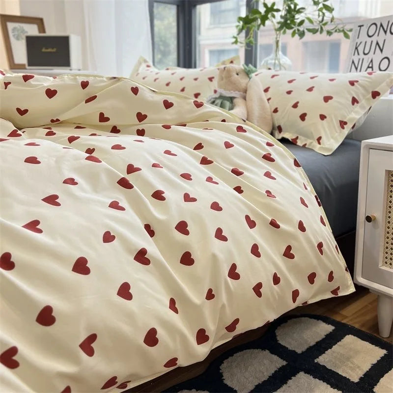 Heart Print Duvet Cover Set Soft Bedding Twin Full Queen