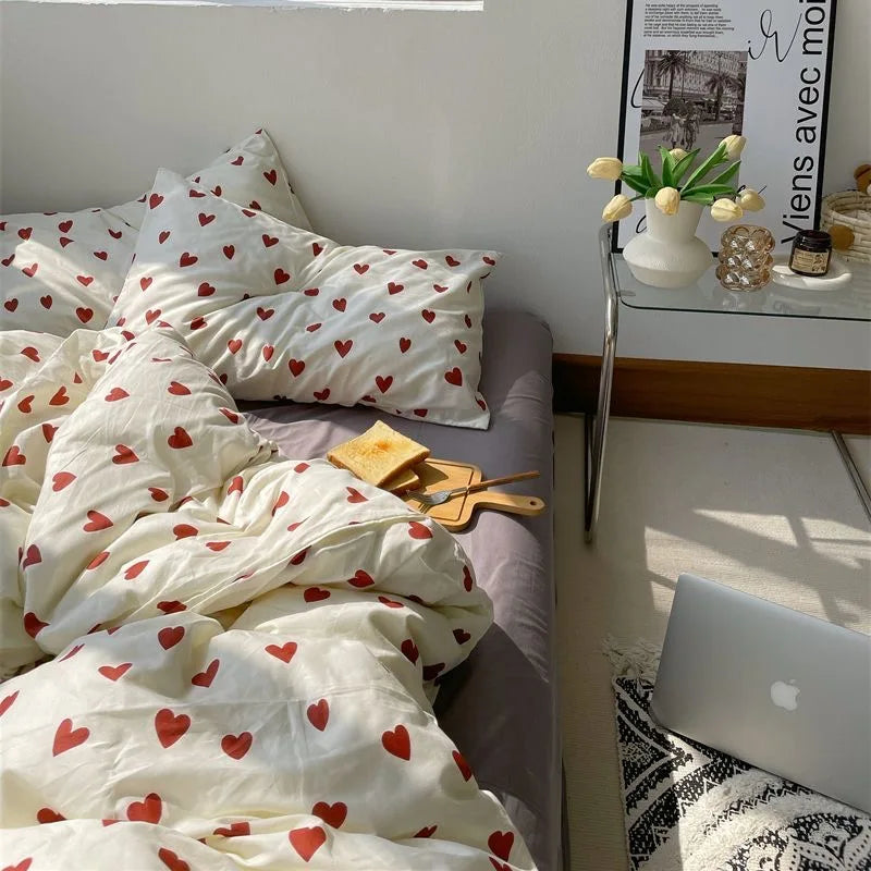 Heart Print Duvet Cover Set Soft Bedding Twin Full Queen