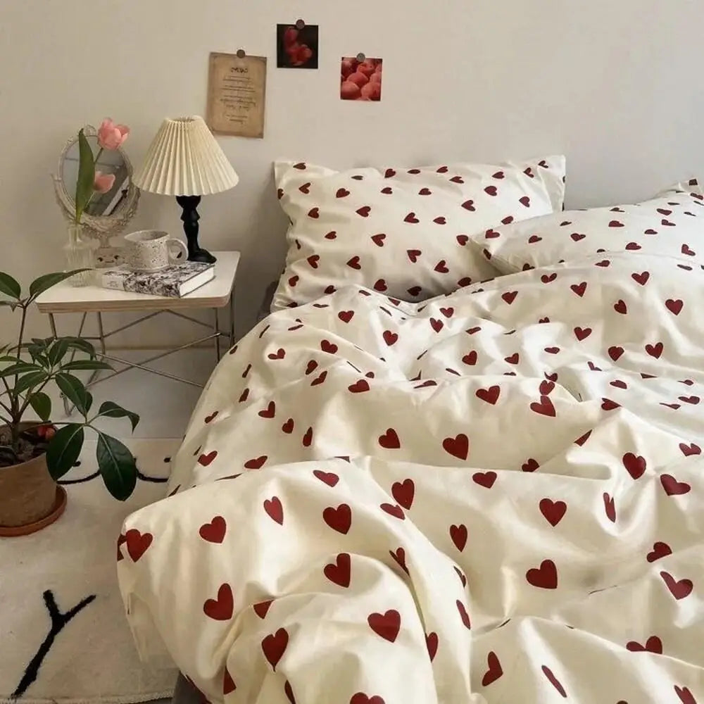 Heart Print Duvet Cover Set Soft Bedding Twin Full Queen