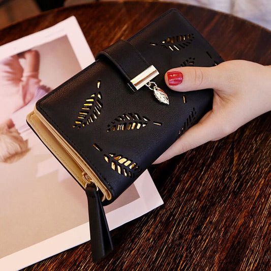 Leather Golden Leaf Wallet PU Leather Card Holder Phone Wallet Clutch Purse