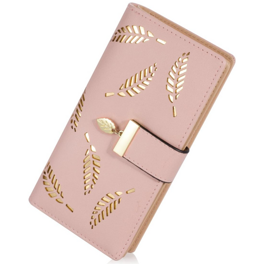 Long Leaf Leather Wallet with Zipper Coin Pocket and Card Storage