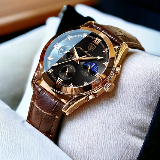Luxury Quartz Watch Brown Gold Stainless Steel Mens Wristwatch