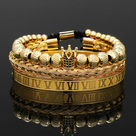 Mens Crown Bracelet Set Stainless Steel Copper Streetwear Jewelry