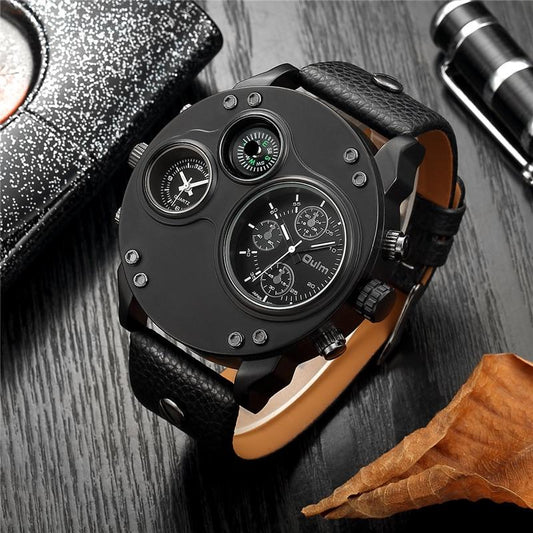 Mens Dual Time Watch Leather Strap Stainless Steel Wristwatch
