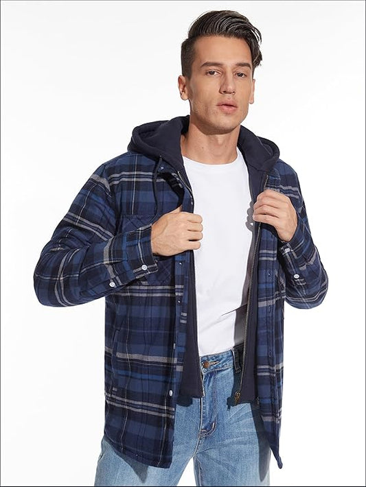 Mens Flannel Winter Jacket Hooded Quilted Warm Outdoor Jacket