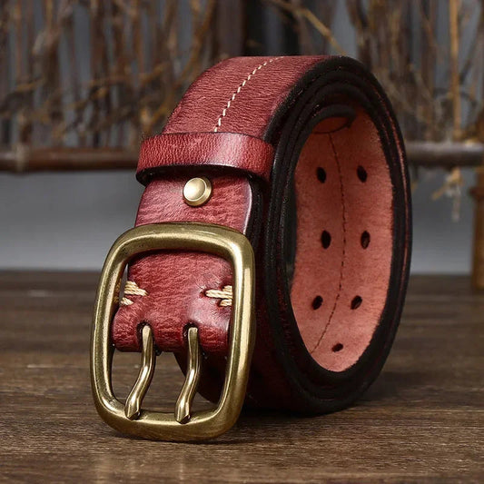 Men's Genuine Cowhide Leather Belt Double Brass Buckle