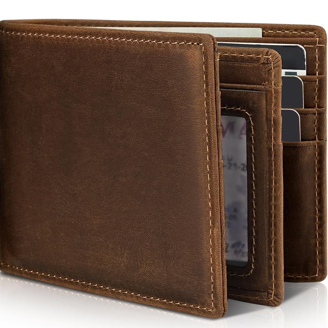 Men's Genuine Leather RFID Wallet Slim Bifold Card Holder with ID Window