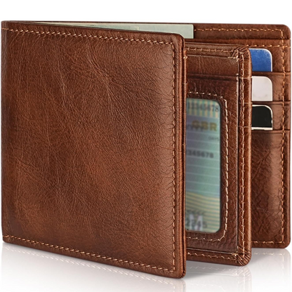 Men's Genuine Leather RFID Wallet Slim Bifold Card Holder with ID Window