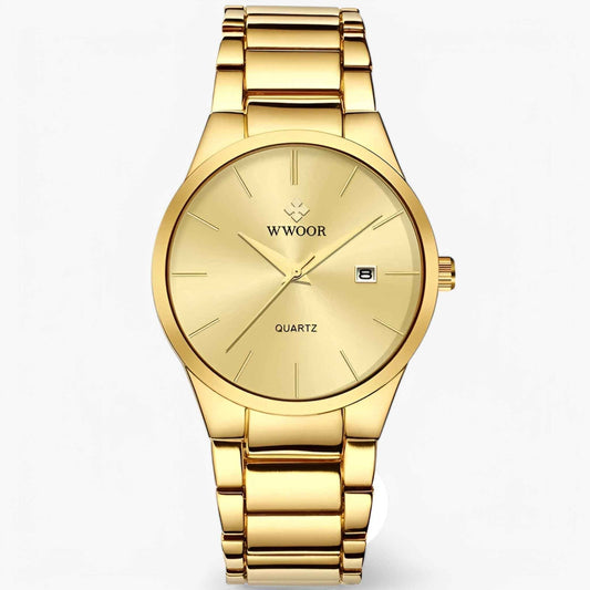 Mens Gold Stainless Steel Quartz Watch Luxury Wristwatch