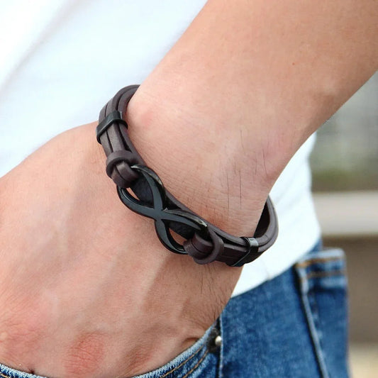 Men's Leather Infinity Bracelet Stainless Steel Wristband