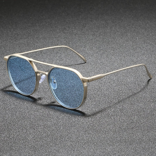 Mens Retro Round Sunglasses Blue Tint Vintage Metal Eyewear
