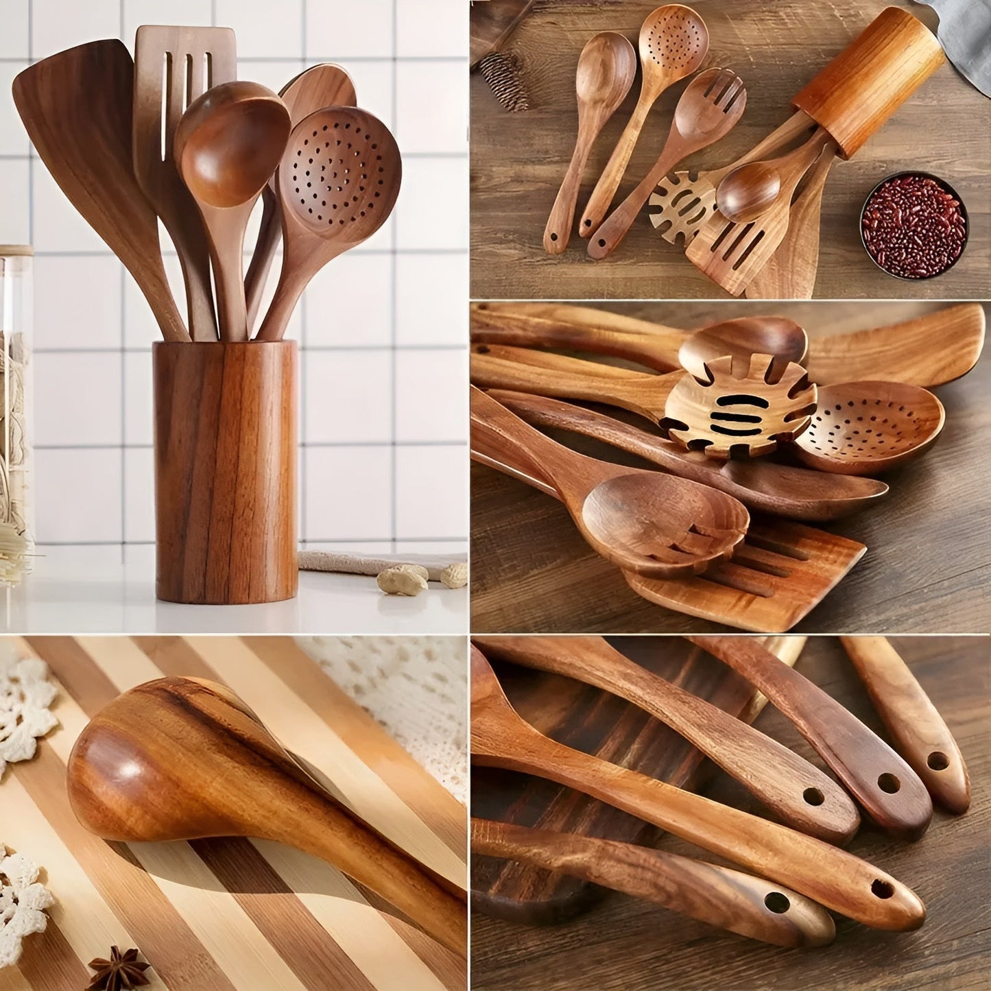 Natural Wooden Cooking Utensil Set 7 Piece Kitchen Tools