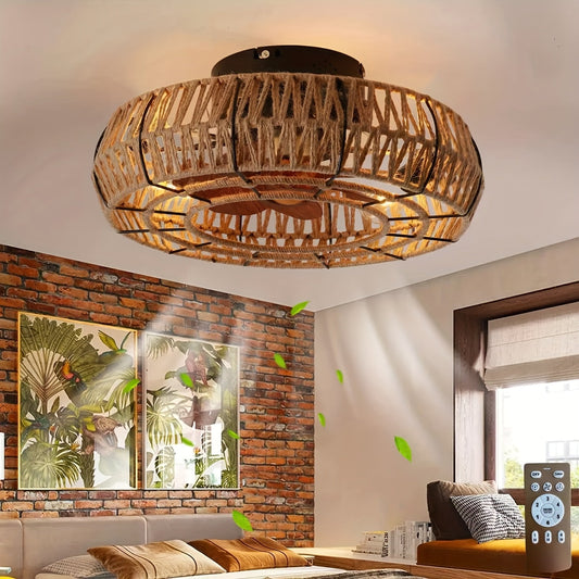 Rattan Ceiling Fan Light Natural Woven Fixture Ventilation Lighting