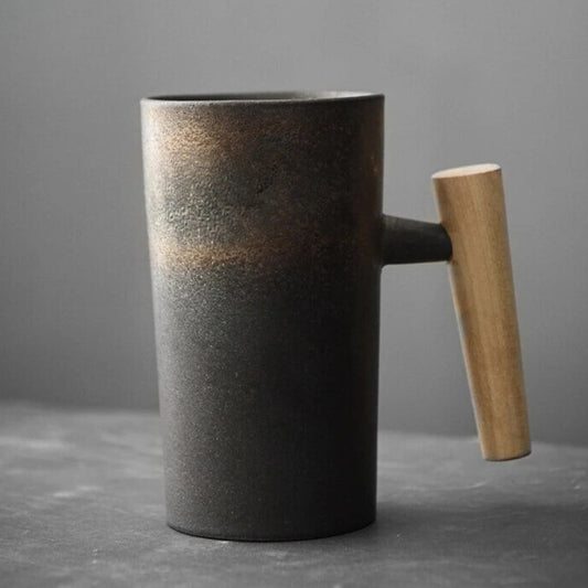 Scandinavian Ceramic Latte Mug Wooden Handle Coffee Cup
