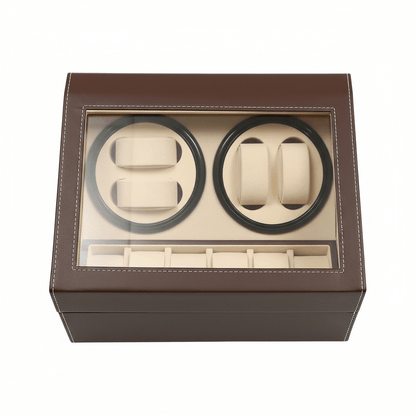 Brown watch winder box with two rotating compartments on a white background