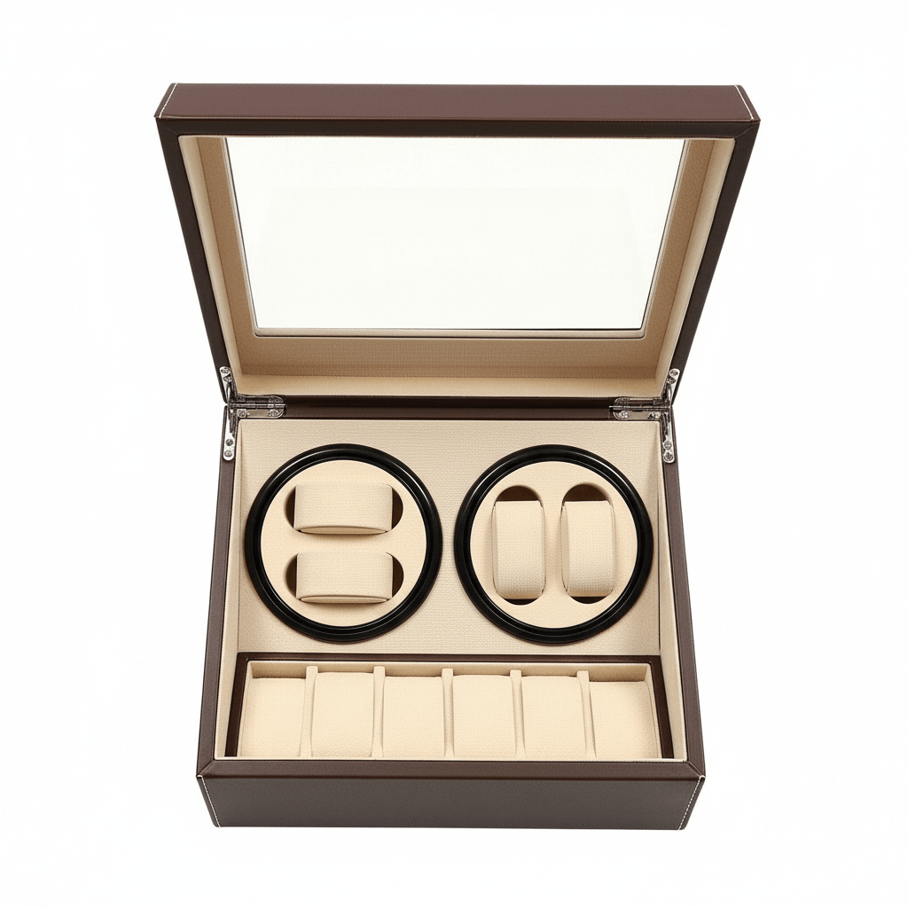 Wooden jewelry box with two black watch cases and beige interior on a white background