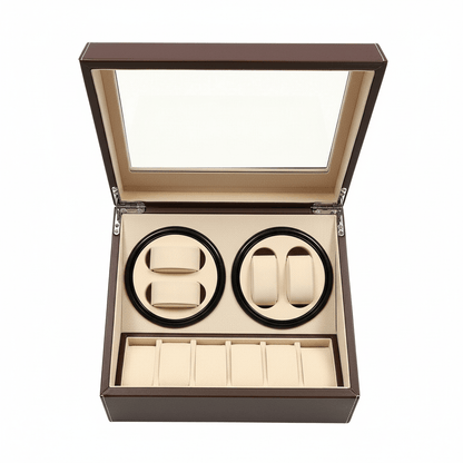 Wooden jewelry box with two black watch cases and beige interior on a white background