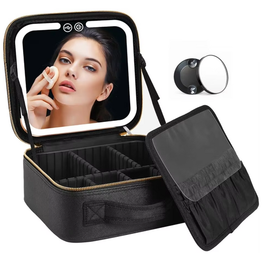 Travel Makeup Organizer with LED Mirror Rechargeable Cosmetic Storage Case