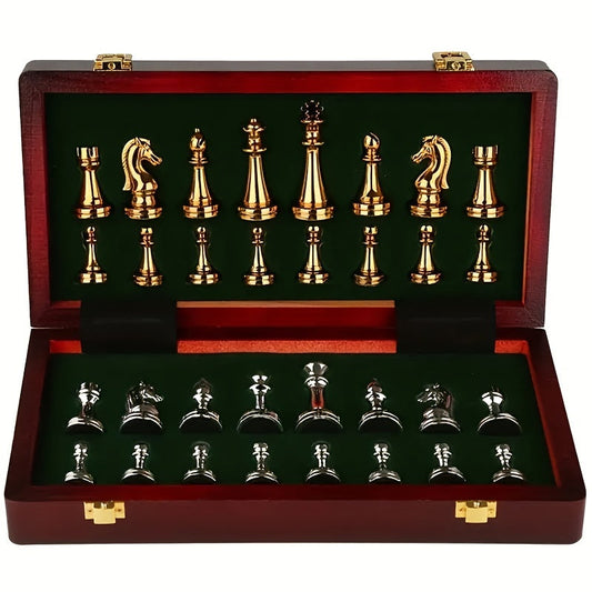 Vintage Chess Set Wooden Folding Board Metal Pieces Strategy Game