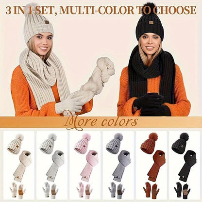 Winter Hat Scarf Gloves Set Touchscreen Knitted Cold Weather Set