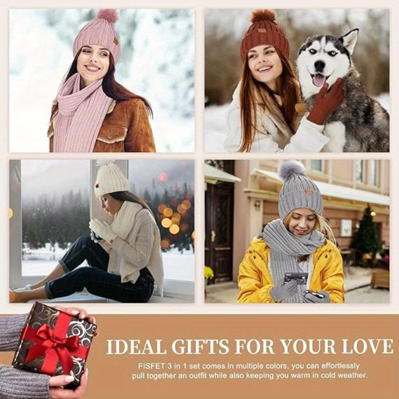 Winter Hat Scarf Gloves Set Touchscreen Knitted Cold Weather Set
