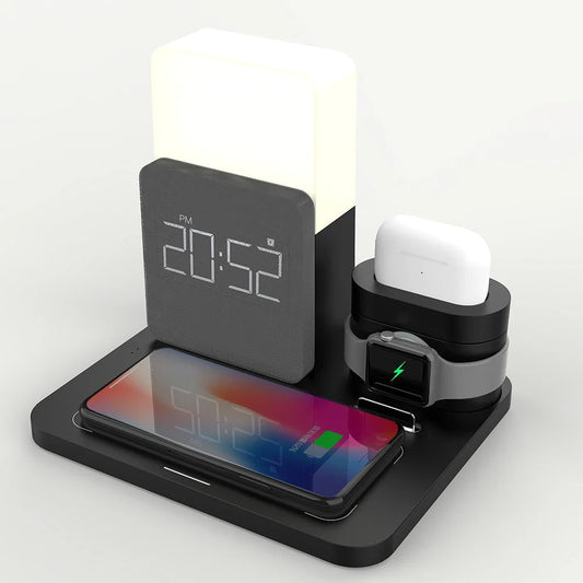 Wireless Charging Station Alarm Clock LED Lamp Multi Device Charger