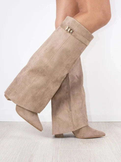 Women Knee High Boots Block Heel Leather Suede Elegant Boots