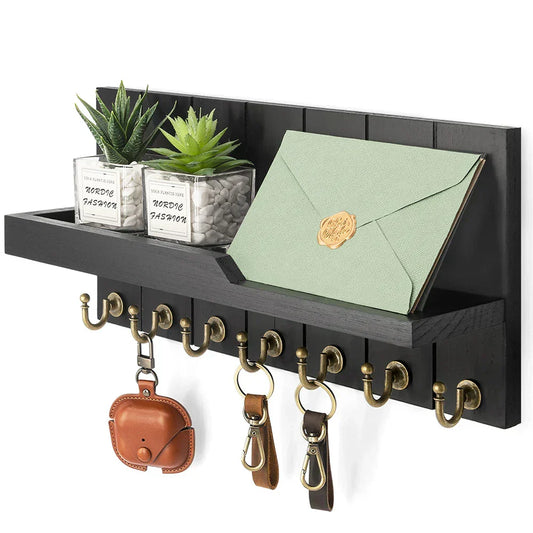 Wood Key Holder Wall Shelf Organizer Hook Rack Entryway Storage