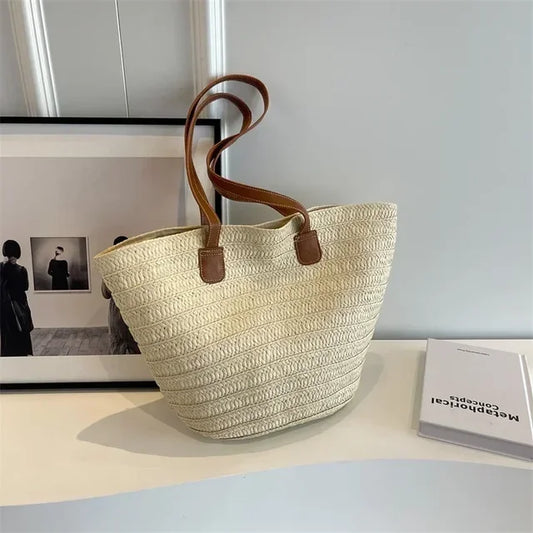 Woven Straw Shoulder Tote Bag Rustic Summer Beach Handbag